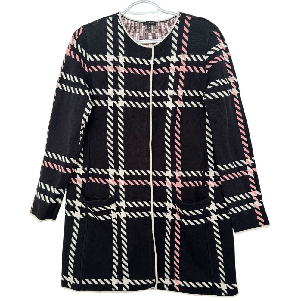 Talbots Size MEDIUM Pink White Herringbone Long Snap Button Cardigan - Picture 2 of 8